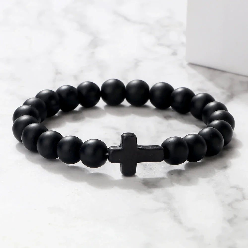 Charm Natural Stone Bracelet - Cross Black Lava Matte Beaded, Handmade Men & Women Prayer Fitness Chain, Couple Jewelry Gift
