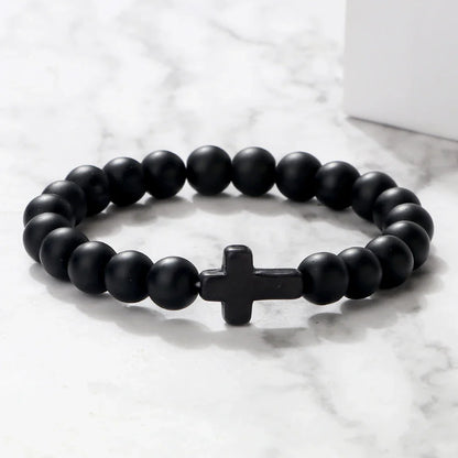 Charm Natural Stone Bracelet - Cross Black Lava Matte Beaded, Handmade Men & Women Prayer Fitness Chain, Couple Jewelry Gift