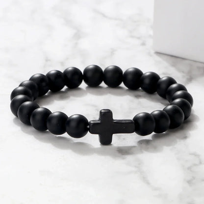 Natural Stone Cross Bracelet - Black Lava Matte Beaded Jewelry for Men & Women Prayer, Fitness & Gift