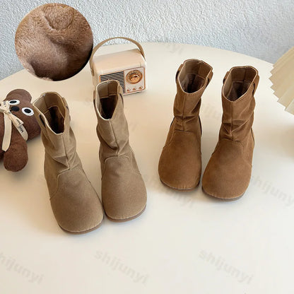 Children’s Leather Cowboy Boots – Girls Retro 2025 Autumn/Winter Warm Outdoor Anti-Slip Short Flats