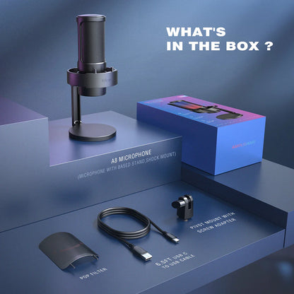 FIFINE A8 USB Microphone with RGB, Touch Mute & Headphone Output for Recording & Streaming on PC Mac