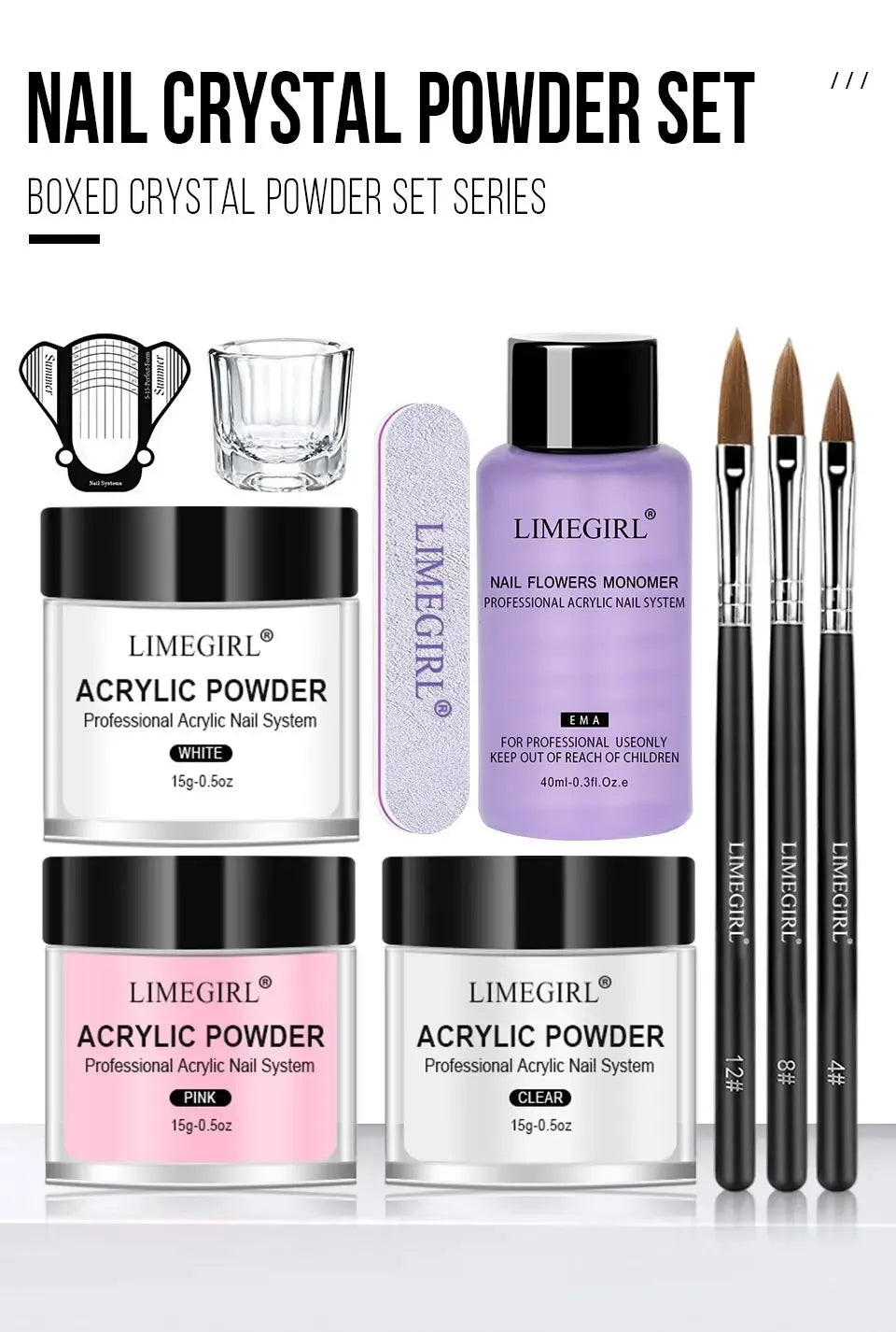 Acrylic Powder and Liquid Monomer Nail Art Kit – Crystal Glitter, 3D Tips, Carving Tools for Manicure Decoration