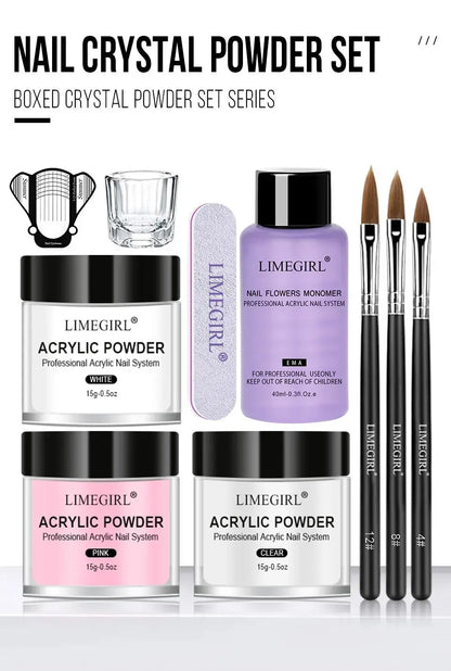 Acrylic Powder and Liquid Monomer Nail Art Kit – Crystal Glitter, 3D Tips, Carving Tools for Manicure Decoration