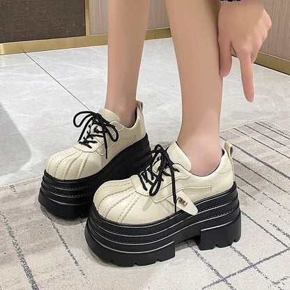 2025 Women’s Leather Sneakers – Spring High Platform Lace-Up Casual Shoes, 10CM Thick Sole Walking Zapatos Mujer