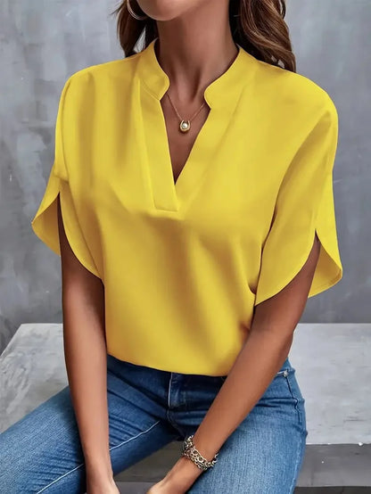 Women’s V-Neck Summer Blouse - Casual Solid Half Sleeve Loose Fit Elegant Office Pullover Shirt Top
