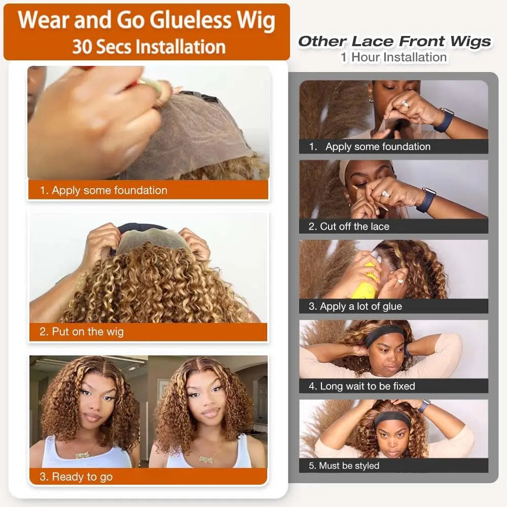 Deep Wave Honey Blonde Bob Wig — Glueless Human Hair Curly Wig, Pre-Plucked & Pre-Cut Ombre HD Lace Front, Highlight Wear-and-Go
