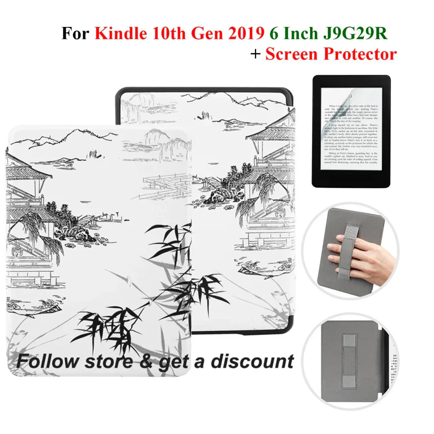 Kindle 10th Gen 6" Leather Case – Hand Strap & Screen Protector Cover with Wake/Sleep Function (2019, J9G29R)