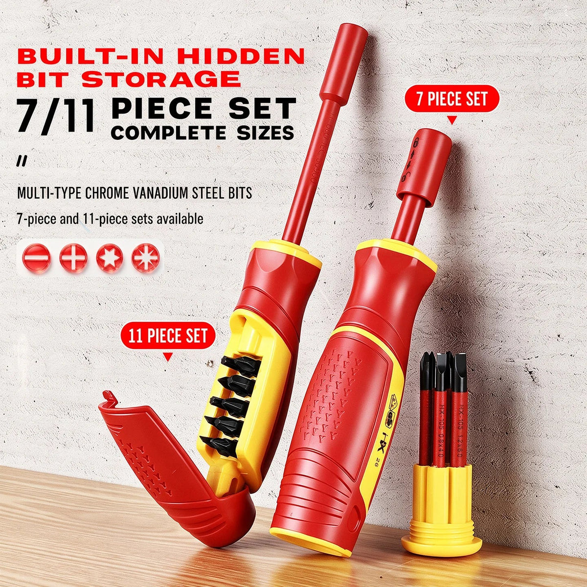 Insulated Magnetic Screwdriver Set - Interchangeable Phillips & Slotted Bits for Electrical & Motorcycle Repair
