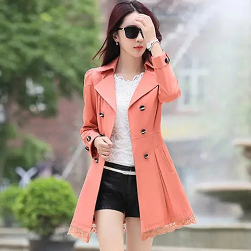2025 Spring Autumn Women’s Slim Lace Trench Coat – Fashion Mid-Length Double-Breasted Windbreaker Outerwear