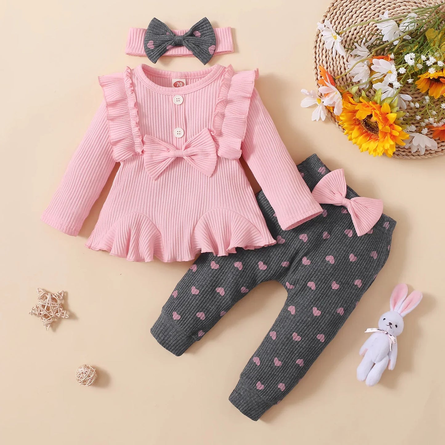 Newborn Baby Girls Clothes Set – Pink Ruffle Top & Heart Print Bow Trousers, Princess Casual Outfit for Infants