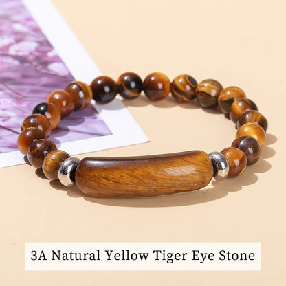 JD Natural Stone Tiger Eye & Amethyst Rectangle Bar Charm Bracelet – Healing Crystal Rough Chakra Jewelry for Men & Women Elastic Wrist Band