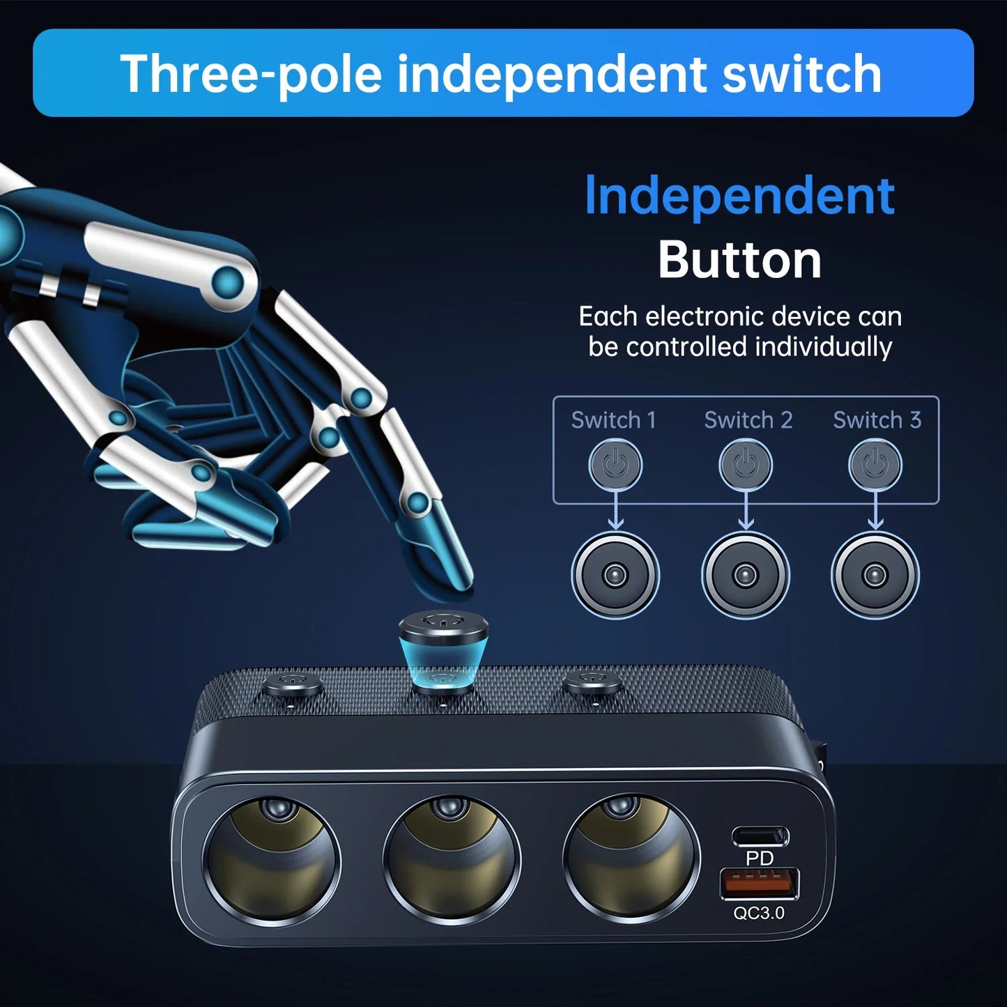 New 127W 7-in-1 Car Charger Splitter: PD30W QC3.0 Cigarette Lighter Adapter - Socket Splitter with Switch, Car Cigarette Lighter Accessory