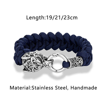 Vintage Norse Runes Celtic Wolf Survival Rope Bracelet - Handmade Stainless Steel Wristband for Men, Vikings Jewelry