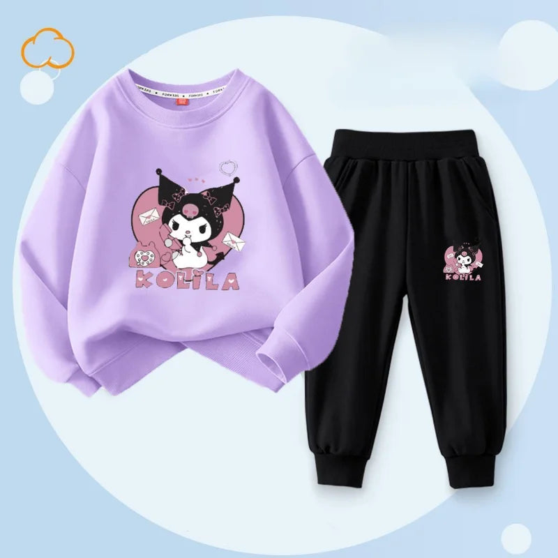 Sanrio Kuromi Cartoon Print Clothing Set for Girls – Sweatshirt & Long Pants, 2-Piece Autumn Sweatsuit for Toddlers & Kids