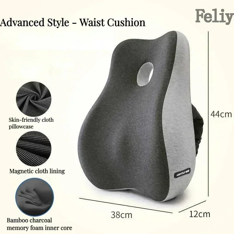 Memory Foam Office Chair & Car Seat Cushion – Orthopedic Lumbar Support Pillow with Coccyx Relief & Massage Back Pad