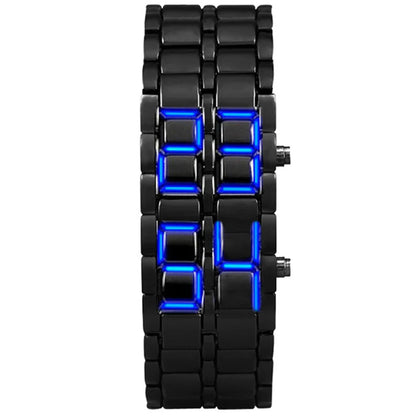 Men's Fashion Digital Lava Wrist Watch – Black Full Metal with Red/Blue LED Display, Sporty Gift for Men & Boys