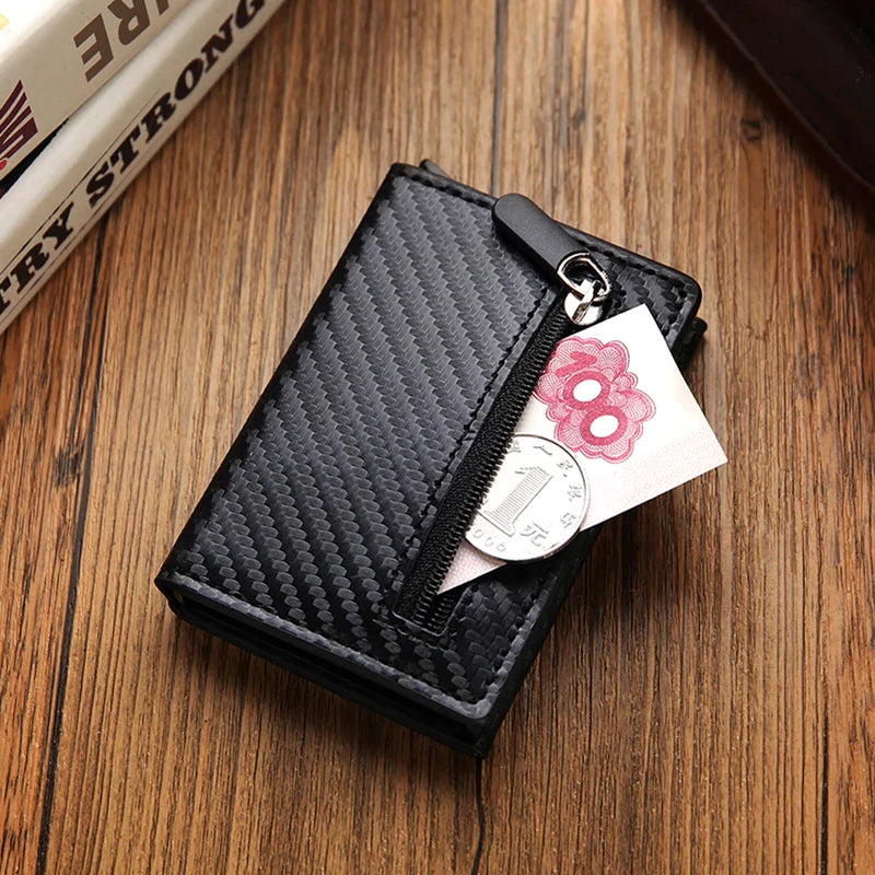 RFID Carbon Fiber Card Holder Wallet: Slim Thin Metal Leather Mini Wallet for Men - Black Purse, New Design