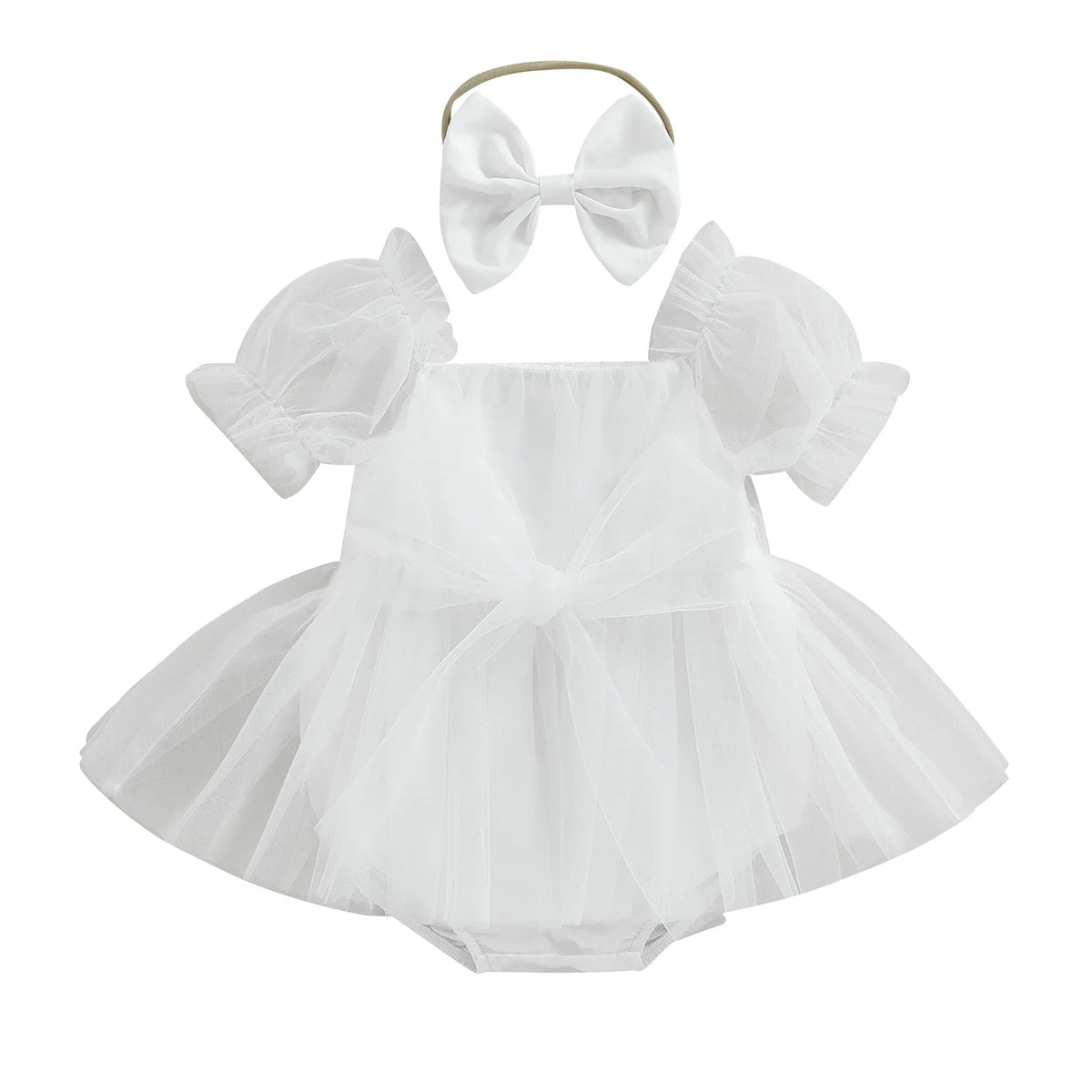 Baby Girl Princess Tulle Romper - Puff Sleeve Birthday Jumpsuit with Headband, 0–24 Months