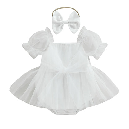 Baby Girl Princess Tulle Romper - Puff Sleeve Birthday Jumpsuit with Headband, 0–24 Months