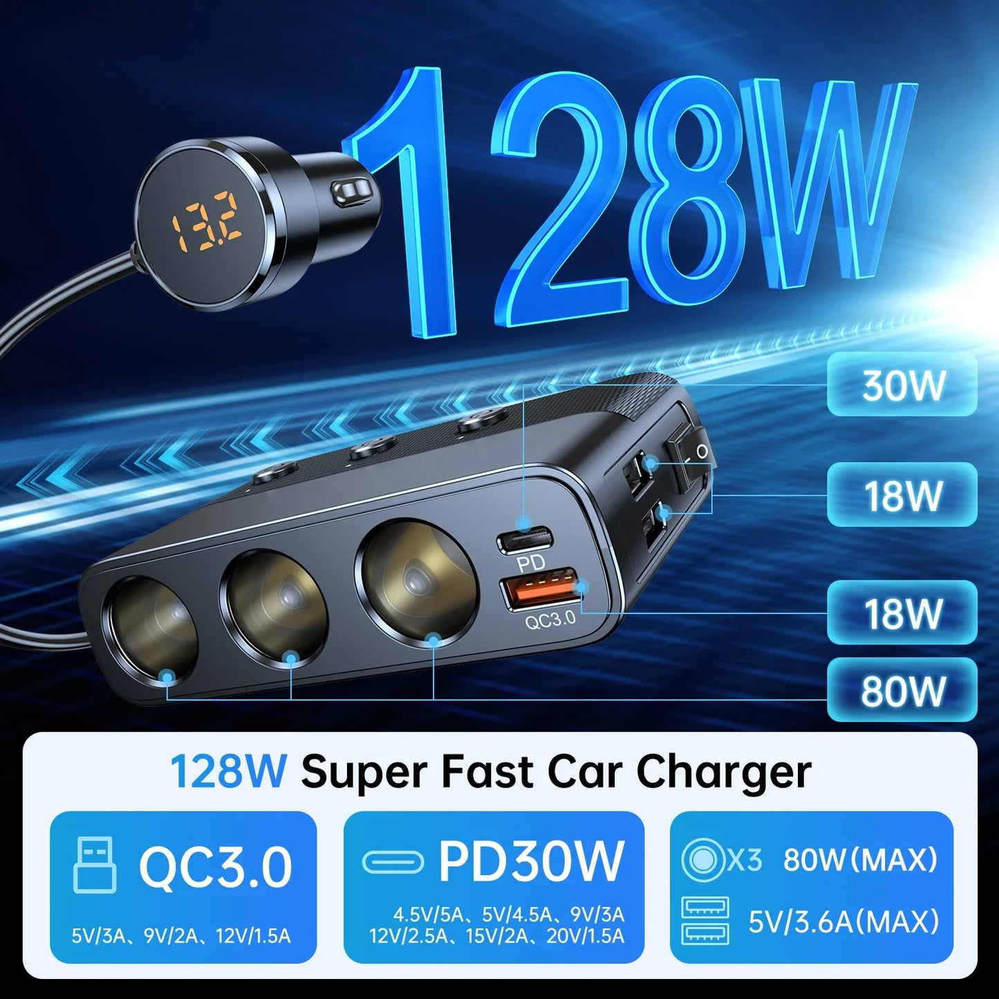 New 127W 7-in-1 Car Charger Splitter: PD30W QC3.0 Cigarette Lighter Adapter - Socket Splitter with Switch, Car Cigarette Lighter Accessory
