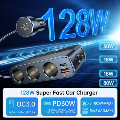 New 127W 7-in-1 Car Charger Splitter: PD30W QC3.0 Cigarette Lighter Adapter - Socket Splitter with Switch, Car Cigarette Lighter Accessory