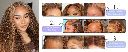 Honey Blonde Deep Water Wave HD Lace Frontal Wig – 13x6 Human Hair, Highlight Curly, 30-34 Inch Length