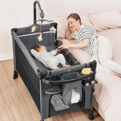 5-in-1 Baby Bassinet – Bedside Crib & Playpen with Diaper Changer and Removable Rocker, Pack and Play Convertible Baby Bed
