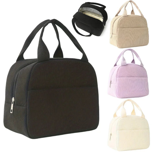 Reusable Thermal Insulated Bento Bag – Embroidered Corduroy Portable Lunch Bag for Kids, School, Travel, and Work Trips