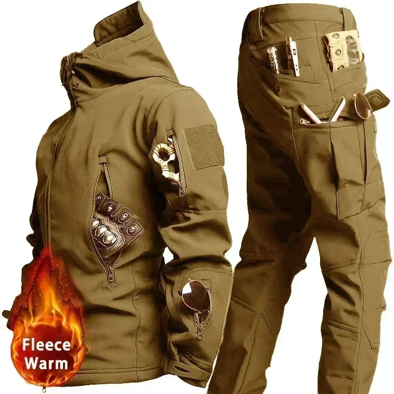 Men’s Winter Thicken Camo Tactical Suit — Waterproof Hooded Jacket & Fleece Pants Outdoor Hunting 2-Piece Set