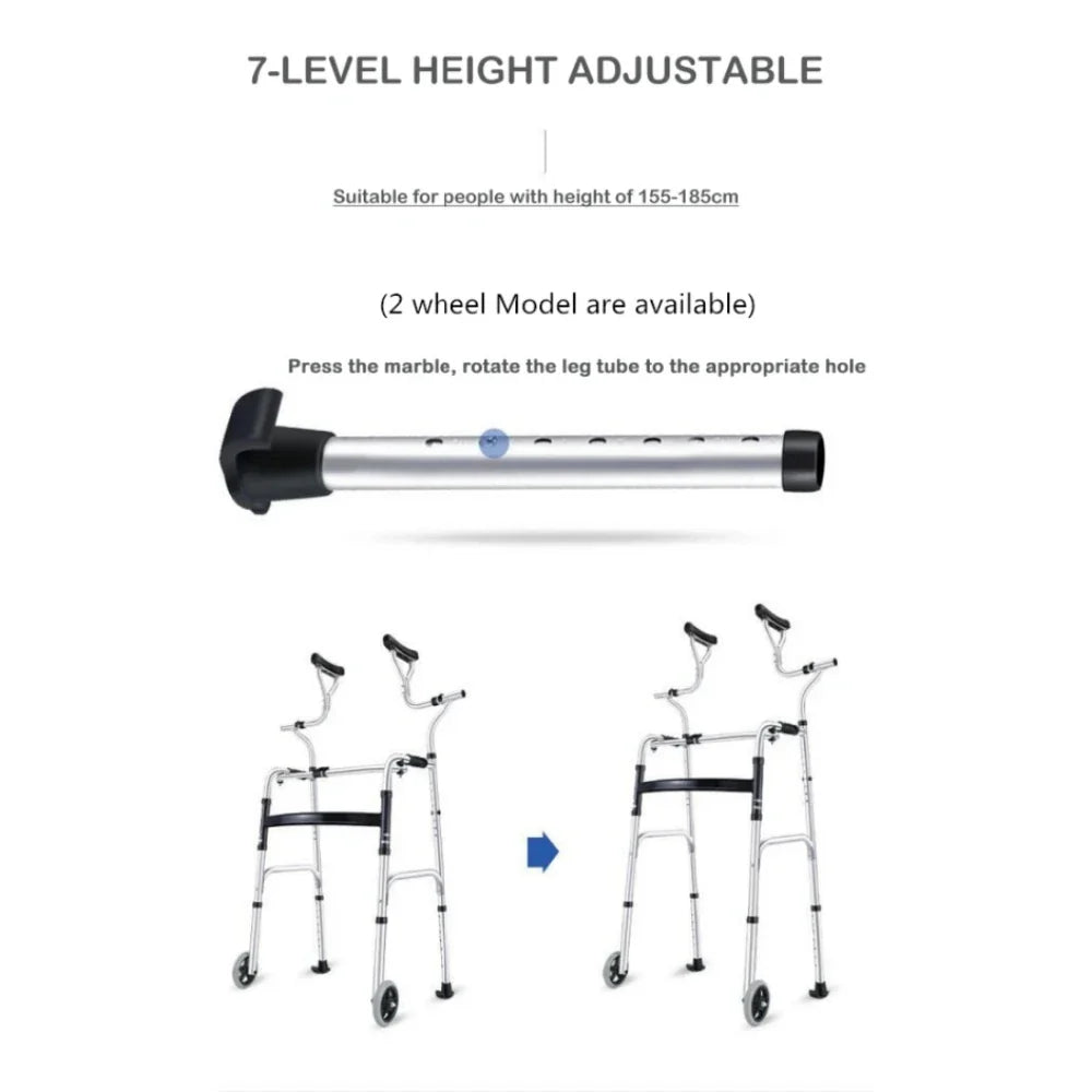 Elderly Rehabilitation Walker – Underarm Crutch Walking Stick Rollator with Aluminum Alloy Standing Frame for Disabled Mobility Support
