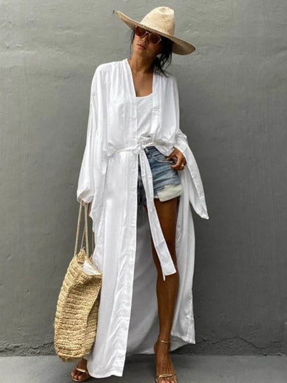 Women’s Solid Belted Wrap Kimono Beach Cover Up Dress – Swimsuit Robe Summer Beachwear 2025 New Casual Vacation Outfit