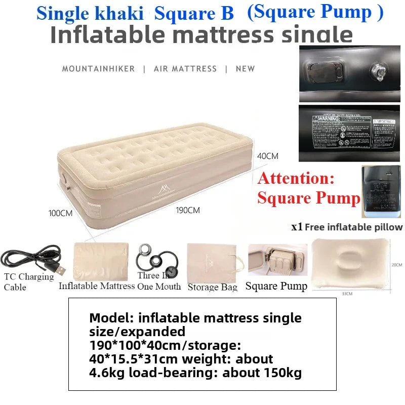 MOUNTAINHIKER 2025 Inflatable Air Mattress – PVC Camping Bed Mat for 1-3 Persons, Built-in Pump Glamping Sleeping Mat