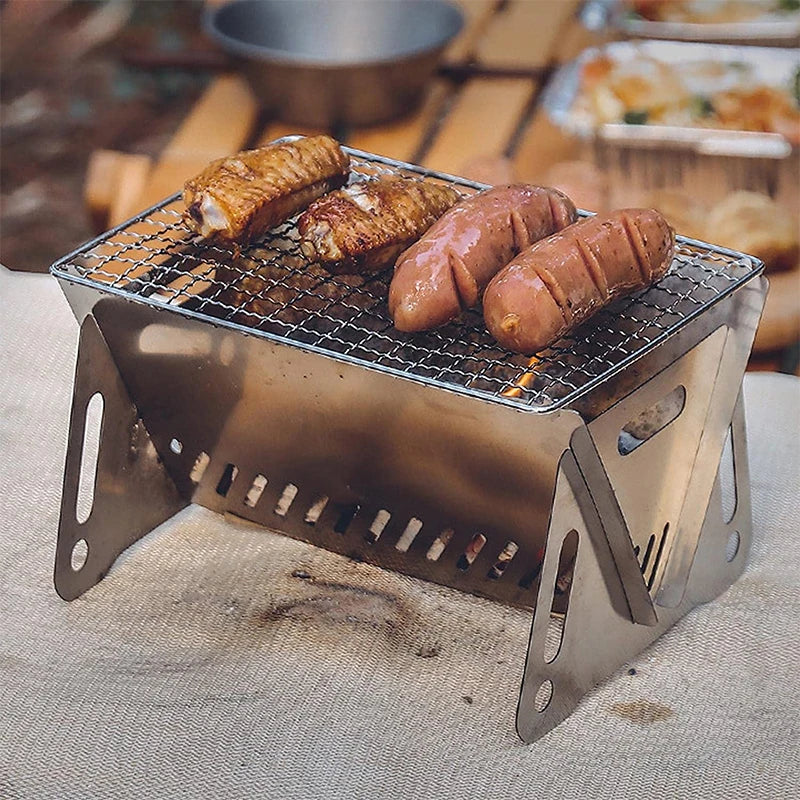 Portable Folding Barbecue Grill: Multifunction Camping BBQ Grill Rack with Firewood Stove - Stainless Steel BBQ Grill Net for Outdoor Cooking