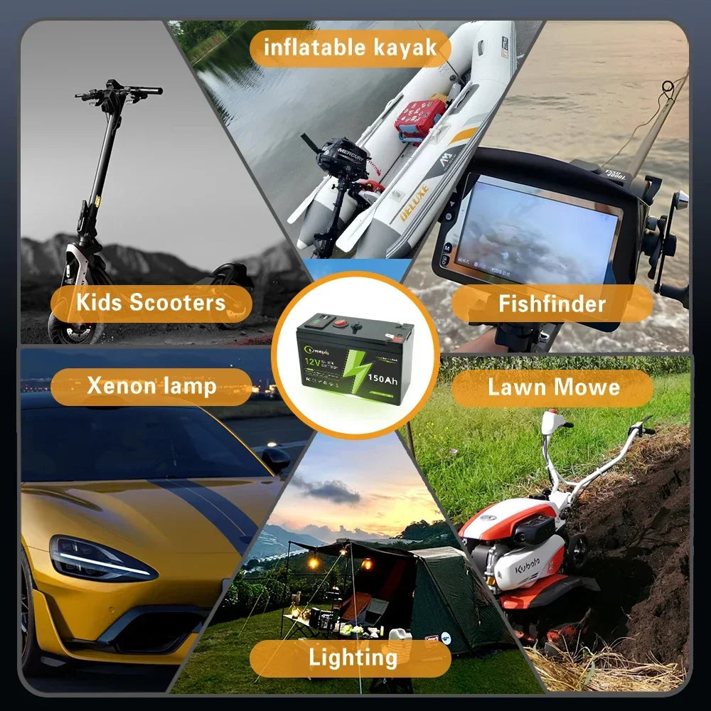 LiFePO4 12V 150Ah Rechargeable Lithium Battery – Built-in BMS, Ideal for Ride-On Toys, Solar Panels, Fish Finders & Power Wheels