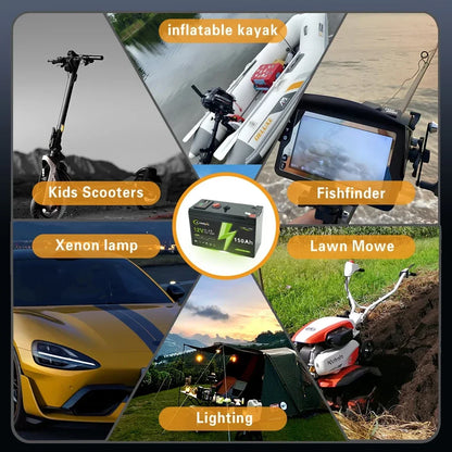 LiFePO4 12V 150Ah Rechargeable Lithium Battery – Built-in BMS, Ideal for Ride-On Toys, Solar Panels, Fish Finders & Power Wheels