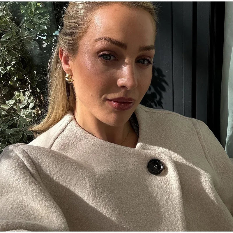 2024 Women's Elegant Solid Wool Blend Cardigan Coat – Round Neck, Single Button, Long Sleeve High Street Outwear