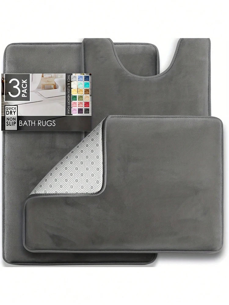 3PC Velvet Memory Foam Bathroom Rug Set - Ultra Soft, Non-Slip, Quick-Dry Machine Washable Bath Mats