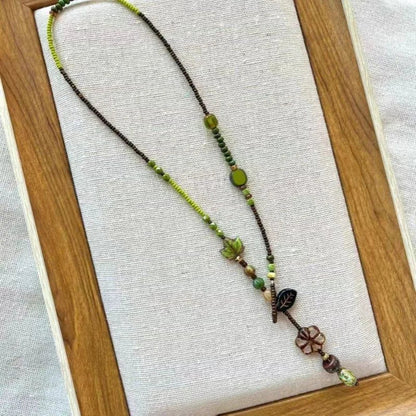 Ethnic Stone Beaded Flower Necklace - Hollow Pendant Adjustable Rope Chain Boho Beach Jewelry Gift for Women