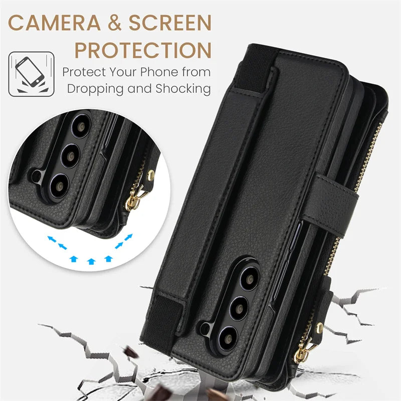 Leather Wristband Wallet Case for Samsung Galaxy Z Fold 3/4/5/6 – Shock Resistant Protective Cover