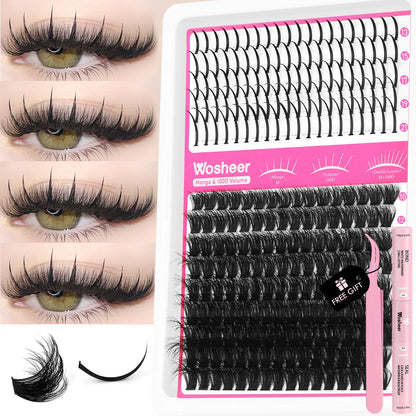WOSHEER Lash Clusters Kit – Spiky Volume Individual Eyelash Extensions DIY Manga-Style Faux Mink Cluster Lashes