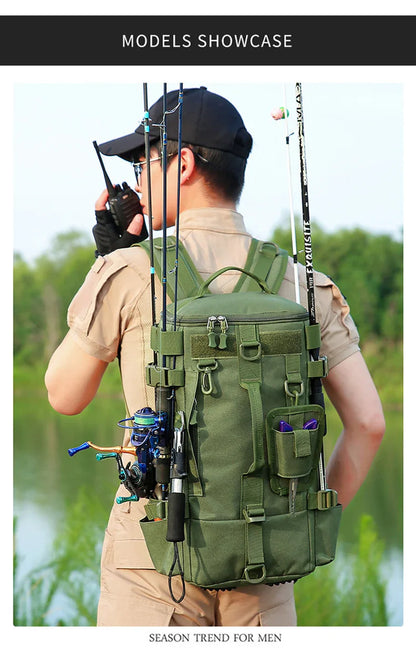 Tactical Fishing Backpack – Multifunctional Tackle Bag with Rod Holders, Molle Storage for Fishing, Camping & Hiking