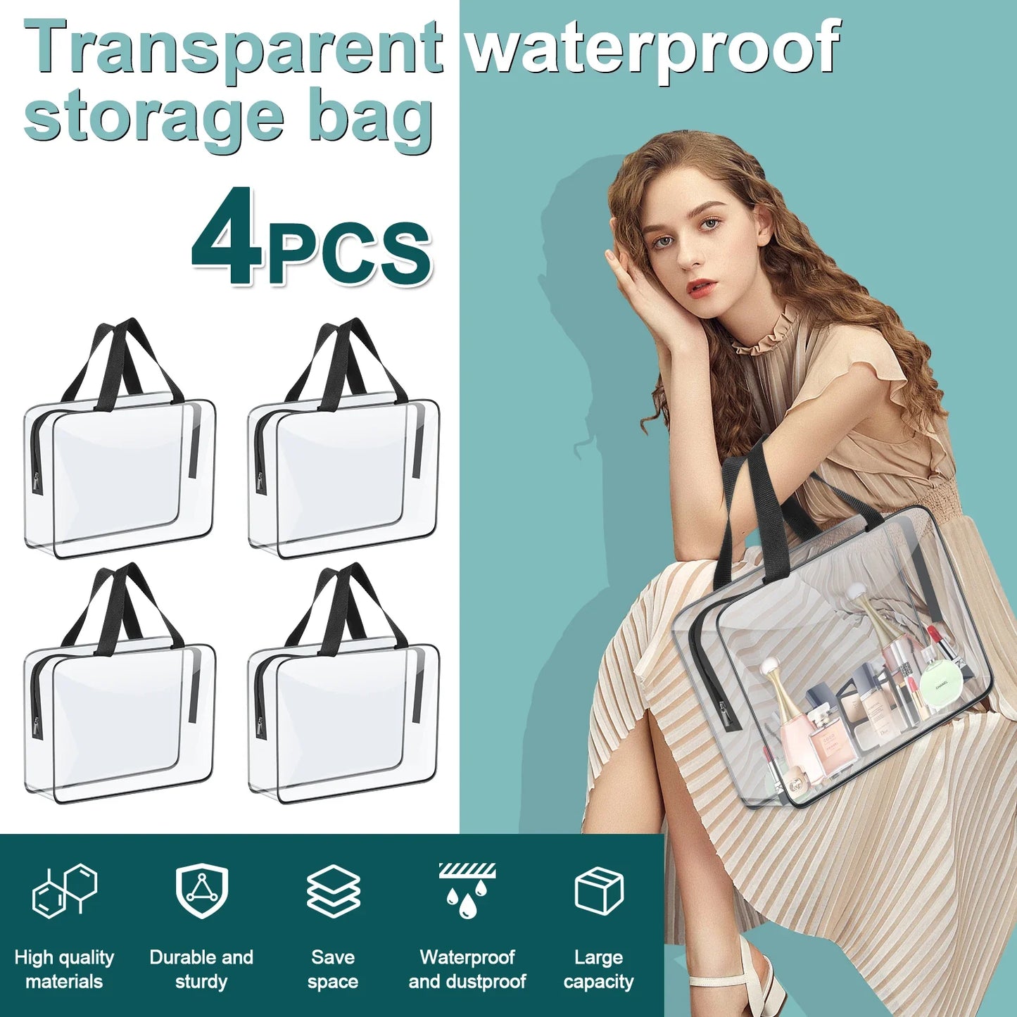 4/6-Pack PVC Makeup Storage Bags — Large Capacity Waterproof Clear Organizer with Zipper for Travel & Home