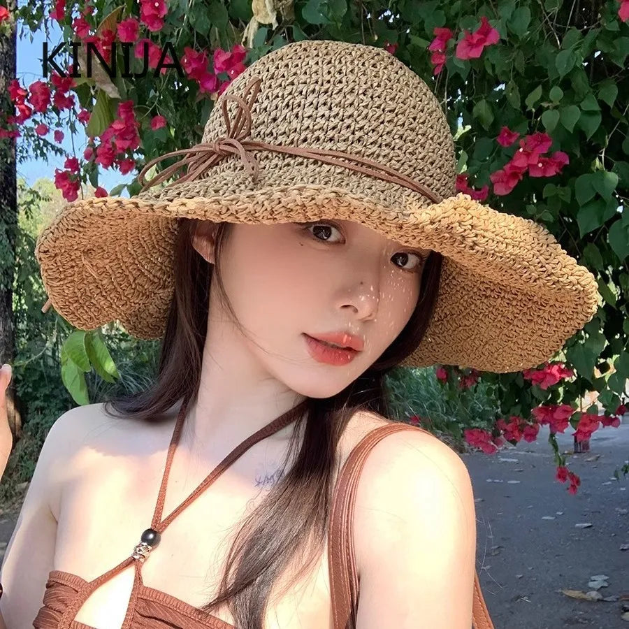 Women’s Holiday Beach Sun Hat – Large Brim Woven Straw Fisherman Hat with Bow, Seaside Sun Protection Panama Chapeau Korean Style