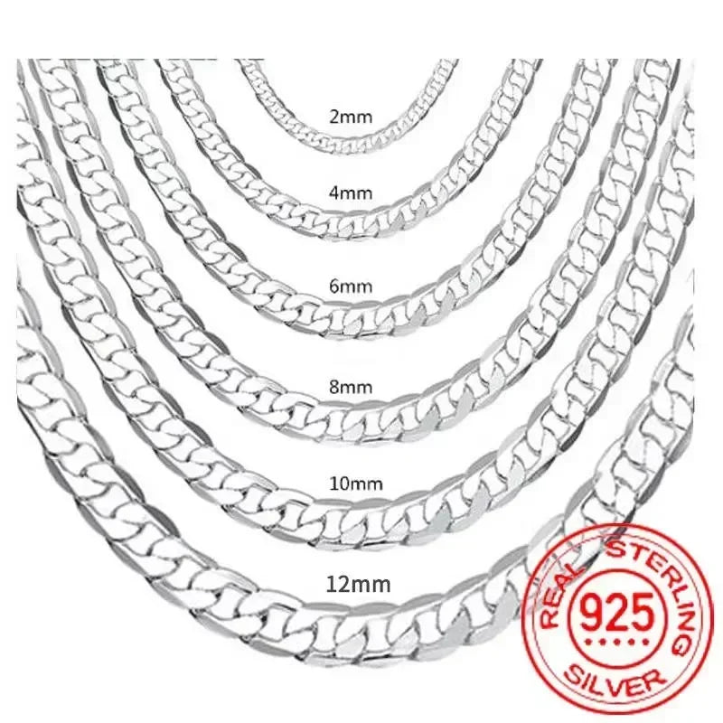 Men’s 925 Sterling Silver Necklace — 2/4/6/8/10/12MM, 40–75cm Chain with Lobster Clasp, Engagement Jewelry for Men, Boys & Women