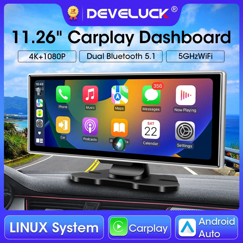 11.26-inch 4K Car DVR Dash Cam – Dual Lens Wireless CarPlay & Android Auto, GPS Navigation, 5G WiFi, FM, AUX Video Recorder Monitor