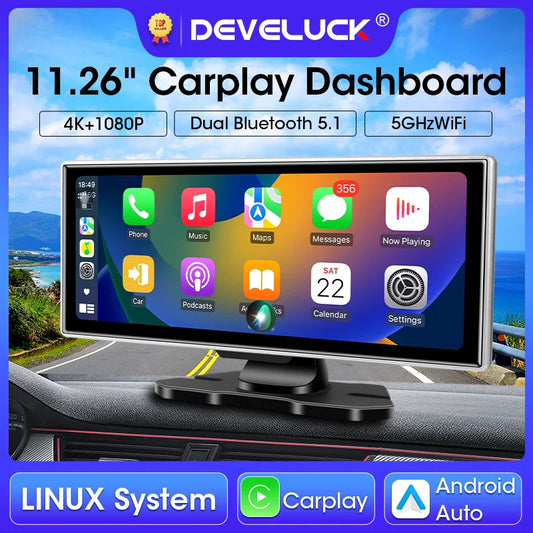 11.26-inch 4K Car DVR Dash Cam – Dual Lens Wireless CarPlay & Android Auto, GPS Navigation, 5G WiFi, FM, AUX Video Recorder Monitor
