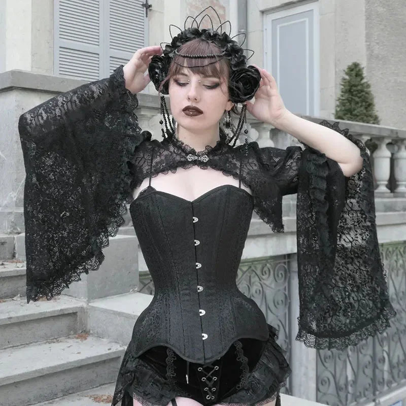 Lace Gothic See-Through Shrug Top – Black Flare Sleeve Crop Top, Vintage Punk Style for Women