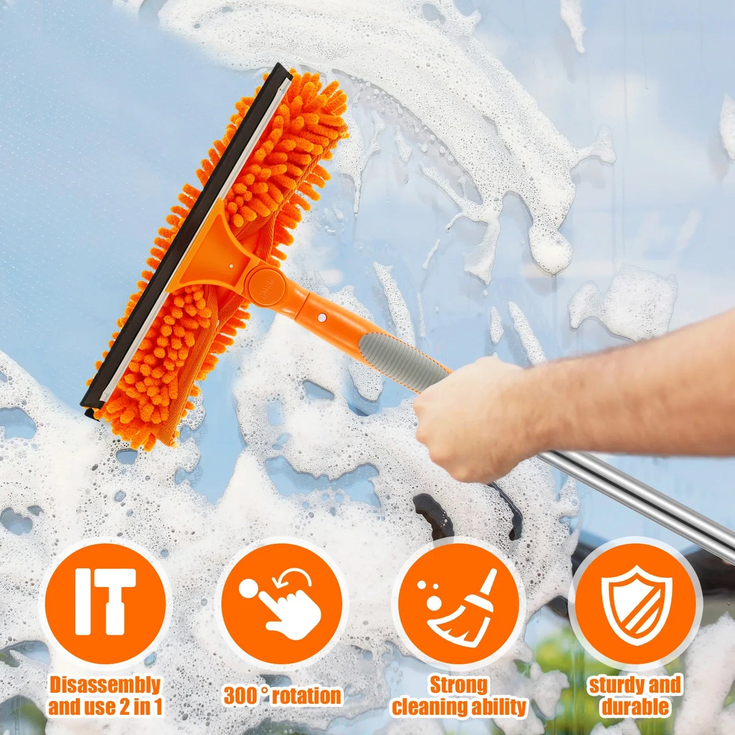 Extendable 180° Rotating Window Cleaner Tool Set – Long Handle Squeegee Mop & Dust Brush for Household Glass Cleaning