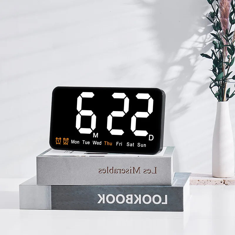 Voice Control Large Digital Wall Clock – LED Display with Temperature, Date, Week, DST, Snooze, Dual Alarm, 12/24H, Wall-Mounted or Table Use