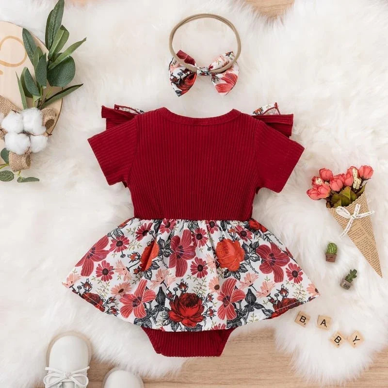 Summer Baby Girl Dress - Cotton Striped Jumpsuit with Bowknot & Floral Design for Newborns